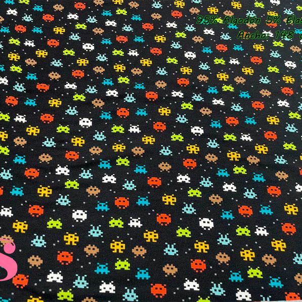 1-telas-de-punto-por-metros,telas-jersey-por-metros,punto-estampado-por-metros,telas-frikis,Punto Camiseta Jersey Estampado Marcianitos Galaxian