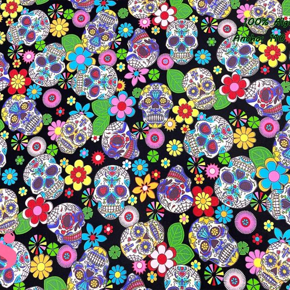 3-telas-estampadas-calaveras,tela-estampado-catrinas,telas-calaveras-mejicanas-de-algodón,telas-de-moda,Patch Americano Rose & Hubble Calavera Mejicana