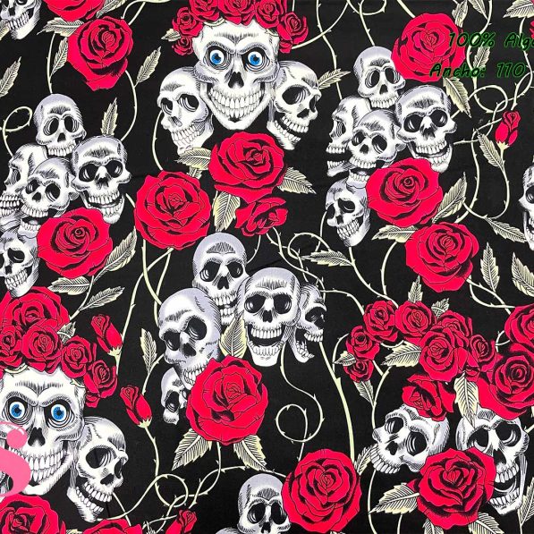 4-telas-estampadas-calaveras,tela-estampado-catrinas,telas-calaveras-mejicanas-de-algodón,telas-de-moda,Patch Americano Rose & Hubble Rosas y Calaveras